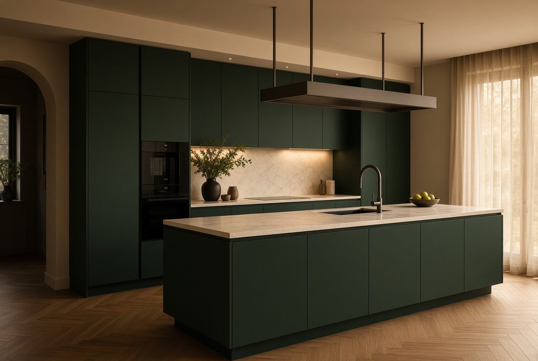 Cocina con isla y mobiliario montado